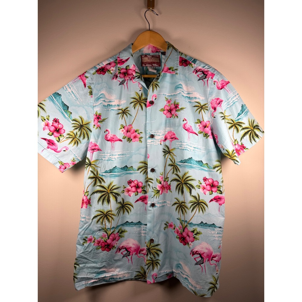 RJC Hawaii Mens Flamingo Palm Tree Tropical Aloha Shirt Blue Cotton Large